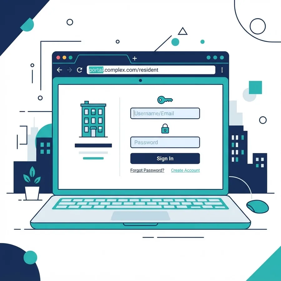 Resident login portal on a laptop with lock and building icons
