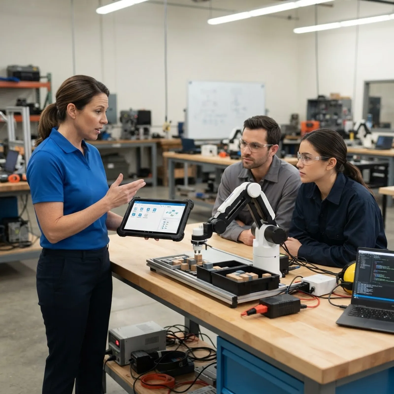 Workers being trained to program a robot arm