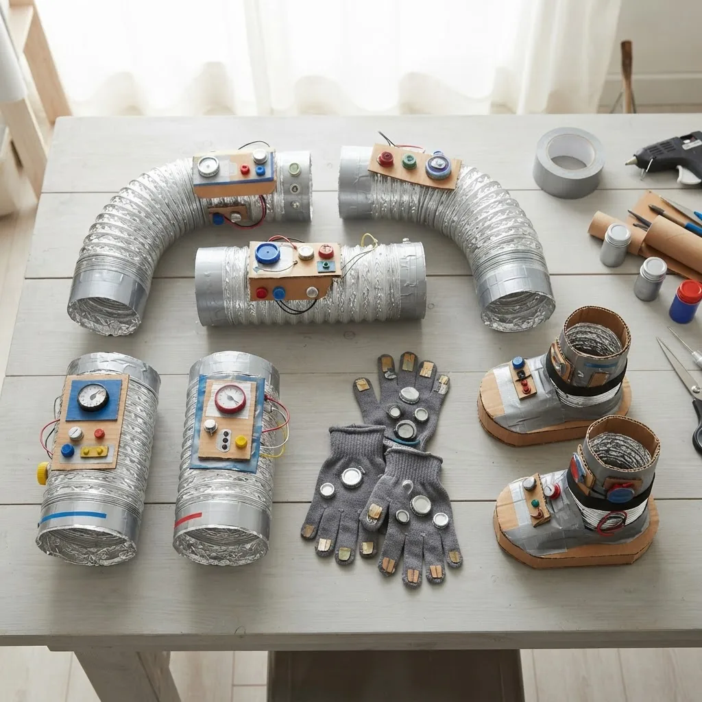 DIY robot costume arms and leg cuffs made from vent hose