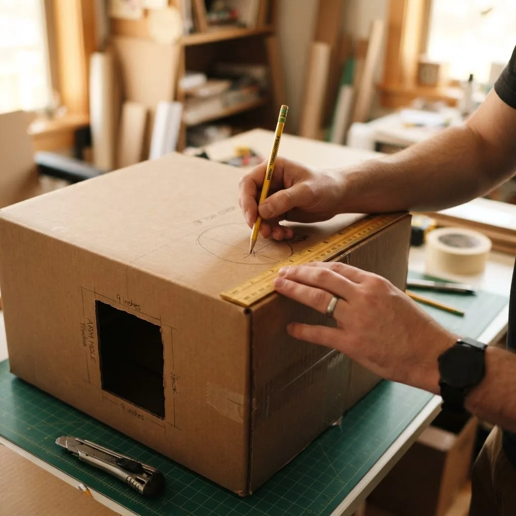 Hands measuring and marking a cardboard box for cutting