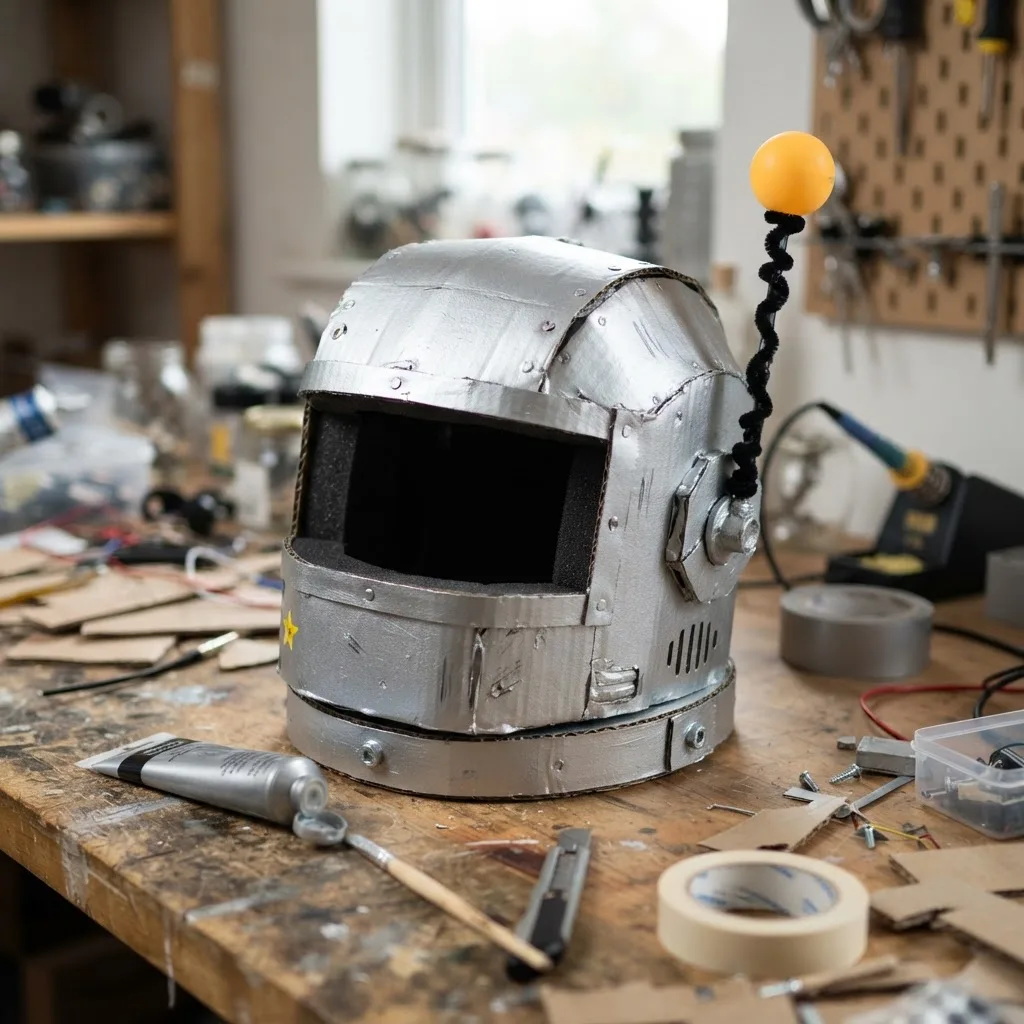 Finished cardboard robot helmet with visor and antenna