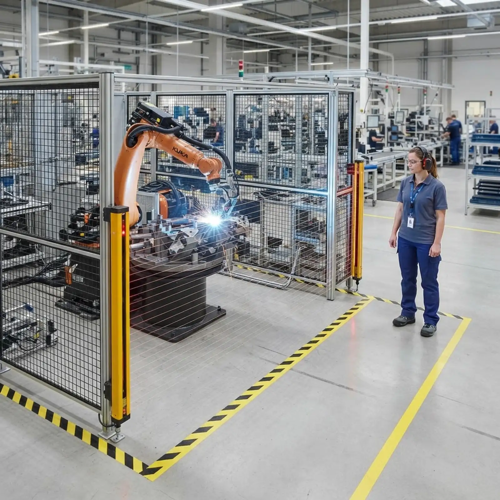 Safety markings and sensors around a collaborative robot cell