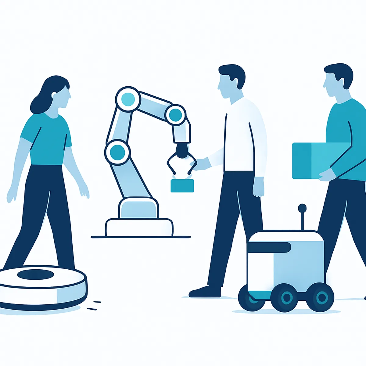 Robots in everyday life including vacuum factory arm and delivery robot