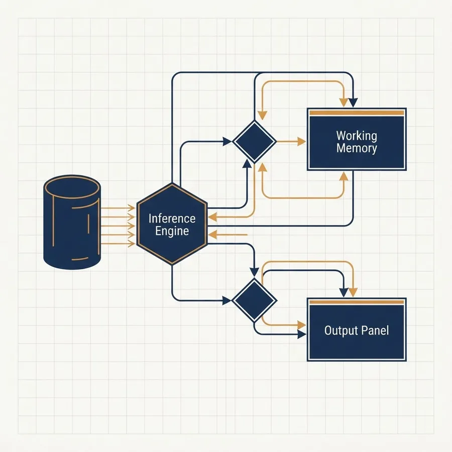 Flat diagram of a rule-based expert system with knowledge base, inference engine, and working memory