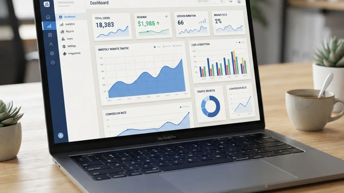 SaaS analytics dashboard web application with charts and KPI cards on a laptop