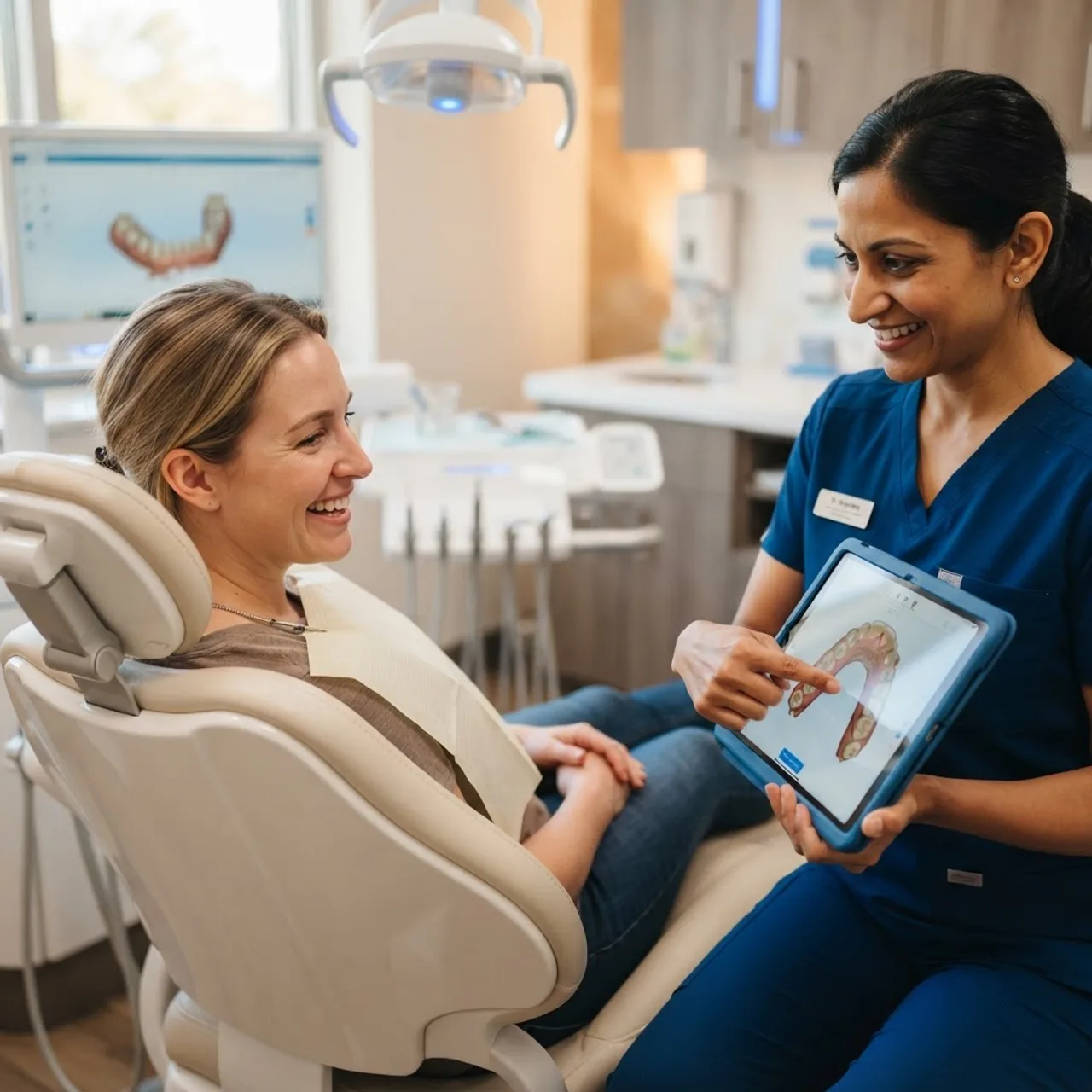 Patient viewing their AI-generated 3D dental scan with a dentist