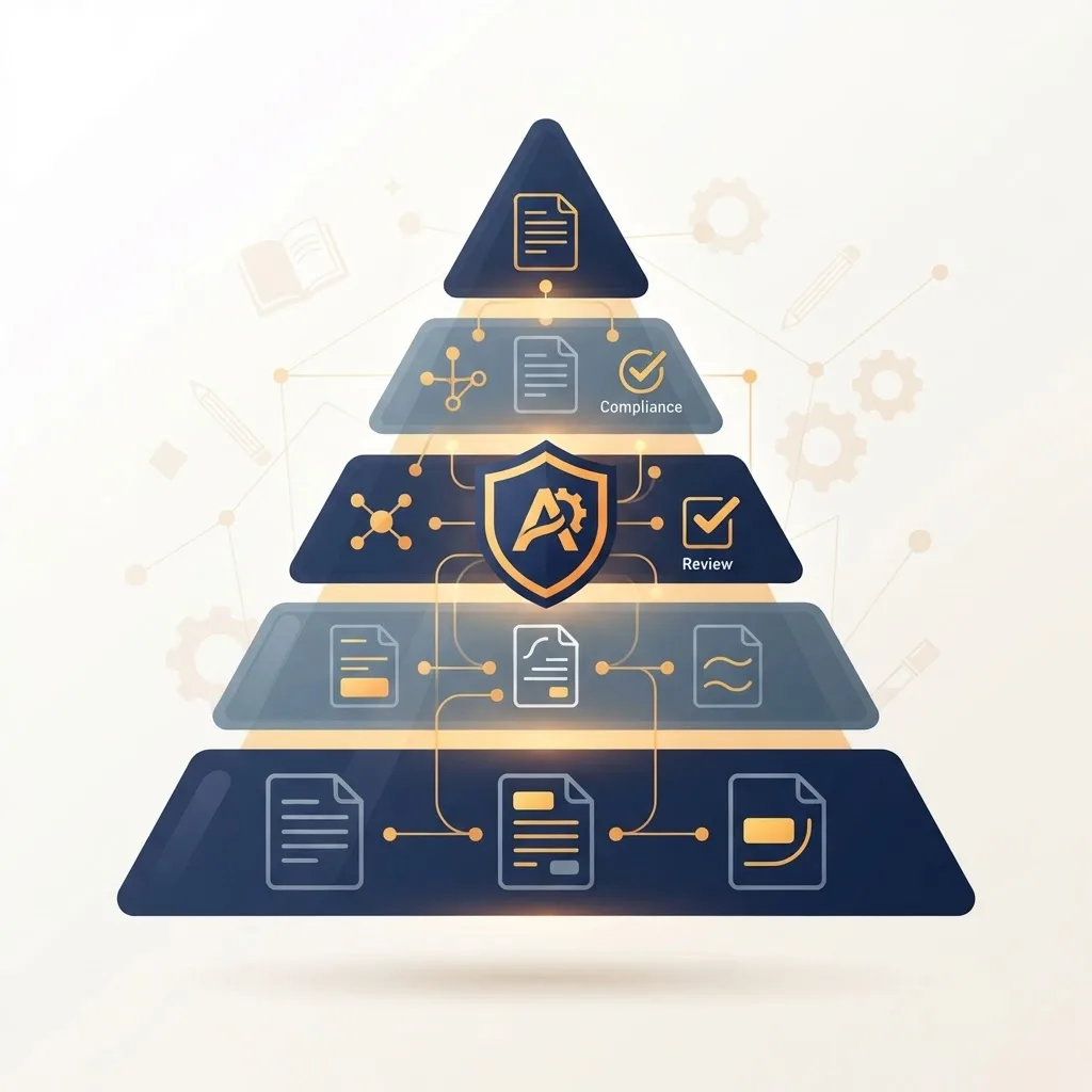 Layered governance framework pyramid with policy and shield icons
