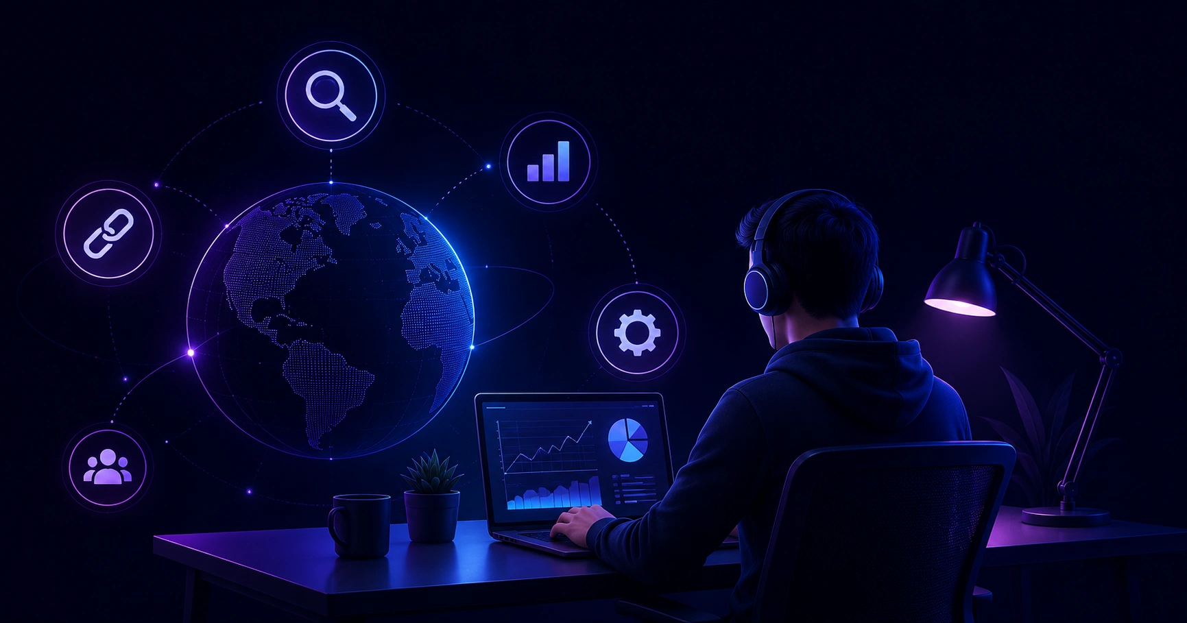 Remote SEO specialist working at a home office desk with ranking dashboards