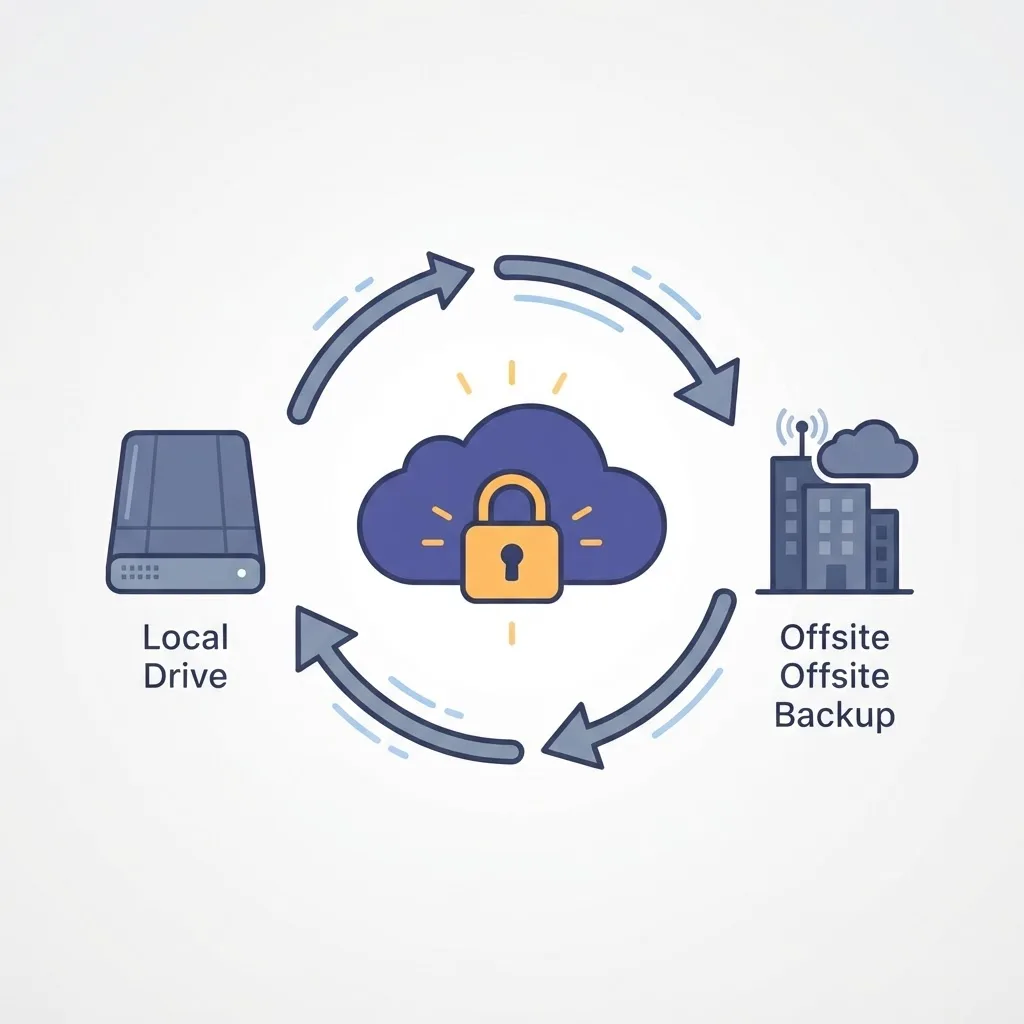 Secure backup system with encrypted cloud, local drive and offsite copy