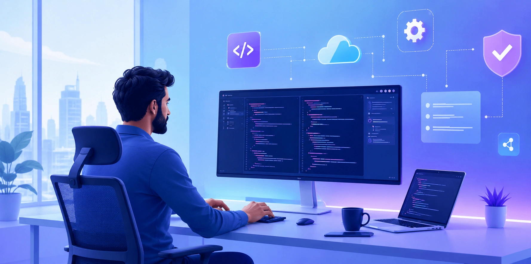 Senior software engineer reviewing architecture diagrams on dual monitors