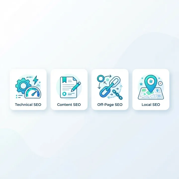 Illustration of SEO service pillars: technical SEO, content, off-page links, and local SEO
