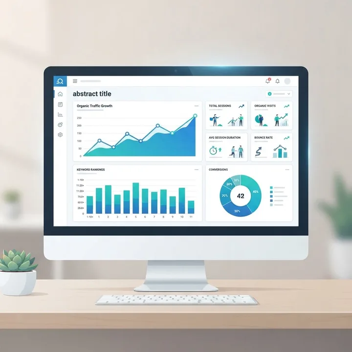 SEO analytics dashboard showing organic traffic growth, keyword rankings, and conversion charts