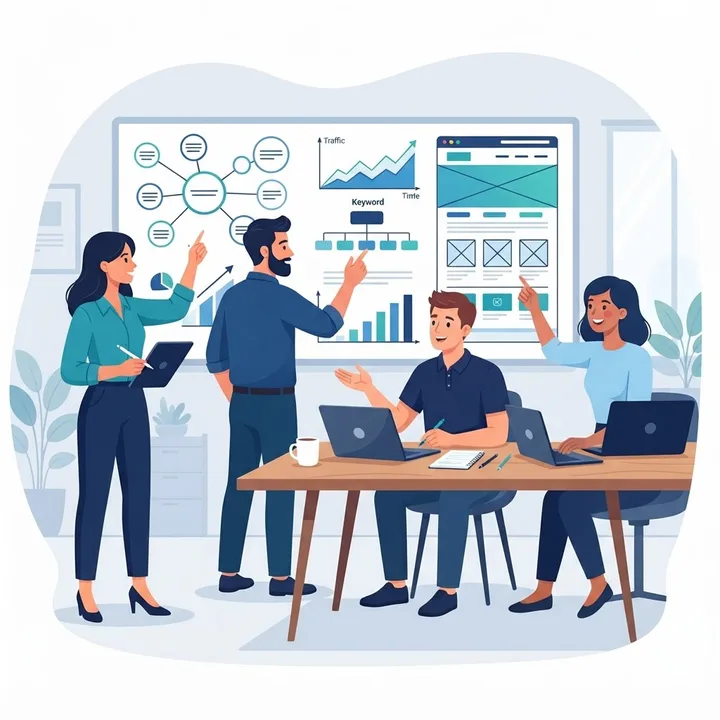 Illustration of an SEO agency team reviewing keyword clusters and traffic graphs in a strategy session