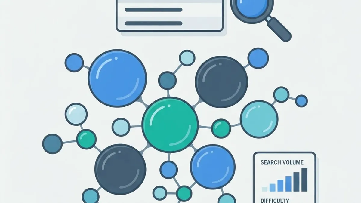 Keyword research illustration with search suggestions and keyword clusters