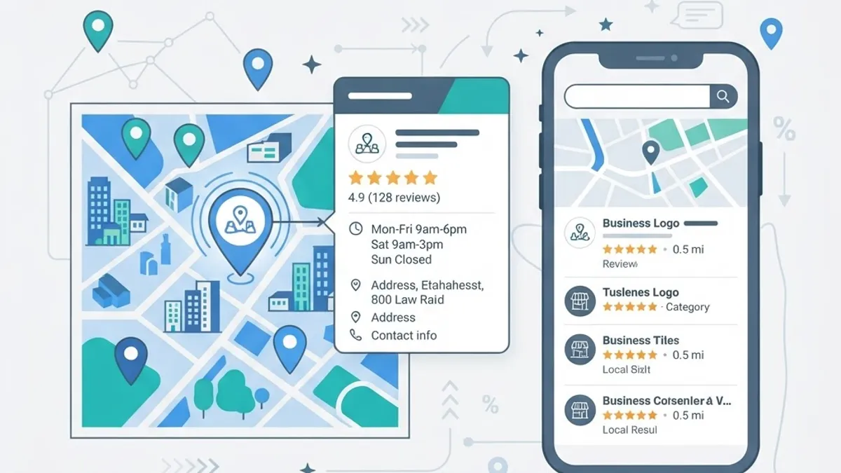 Local SEO illustration with map pins and a business profile card