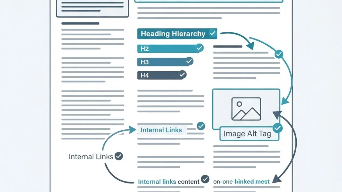 On-page SEO wireframe showing title tag, meta description, headings, and alt text