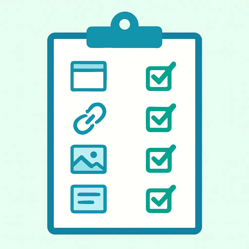 On-page SEO optimization checklist covering titles, meta tags, links and alt text