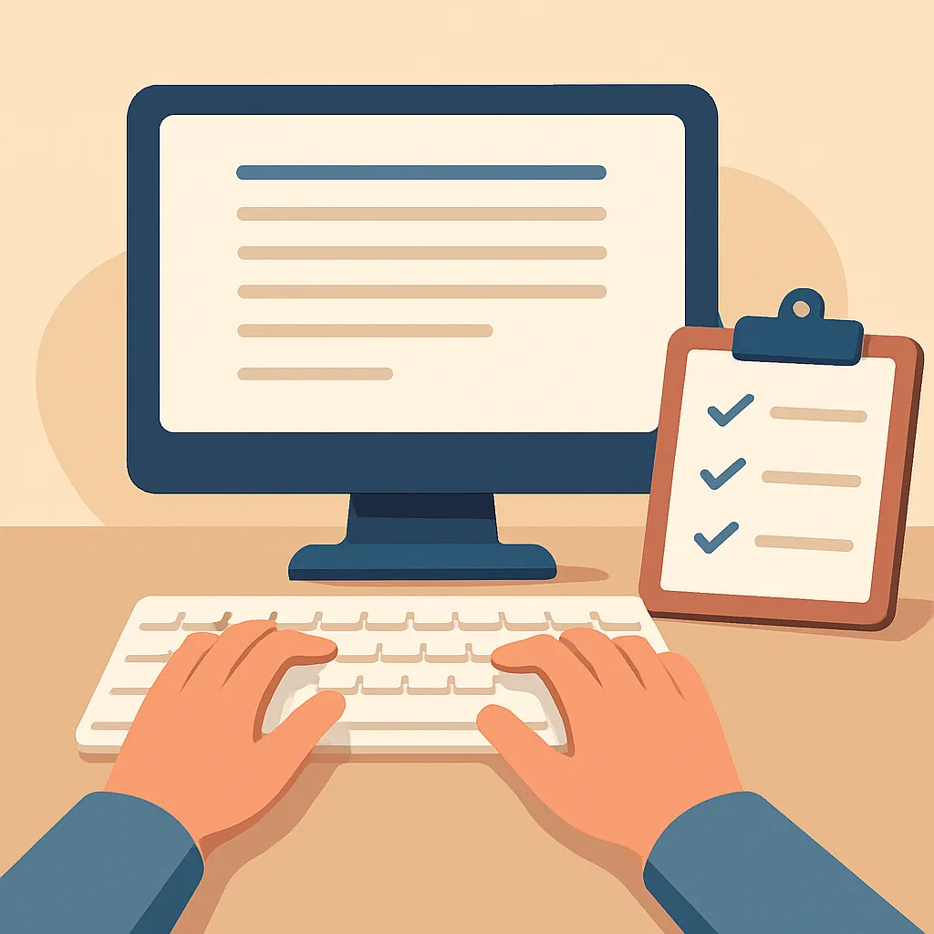 Writer drafting people-first SEO content with editing checklist beside keyboard
