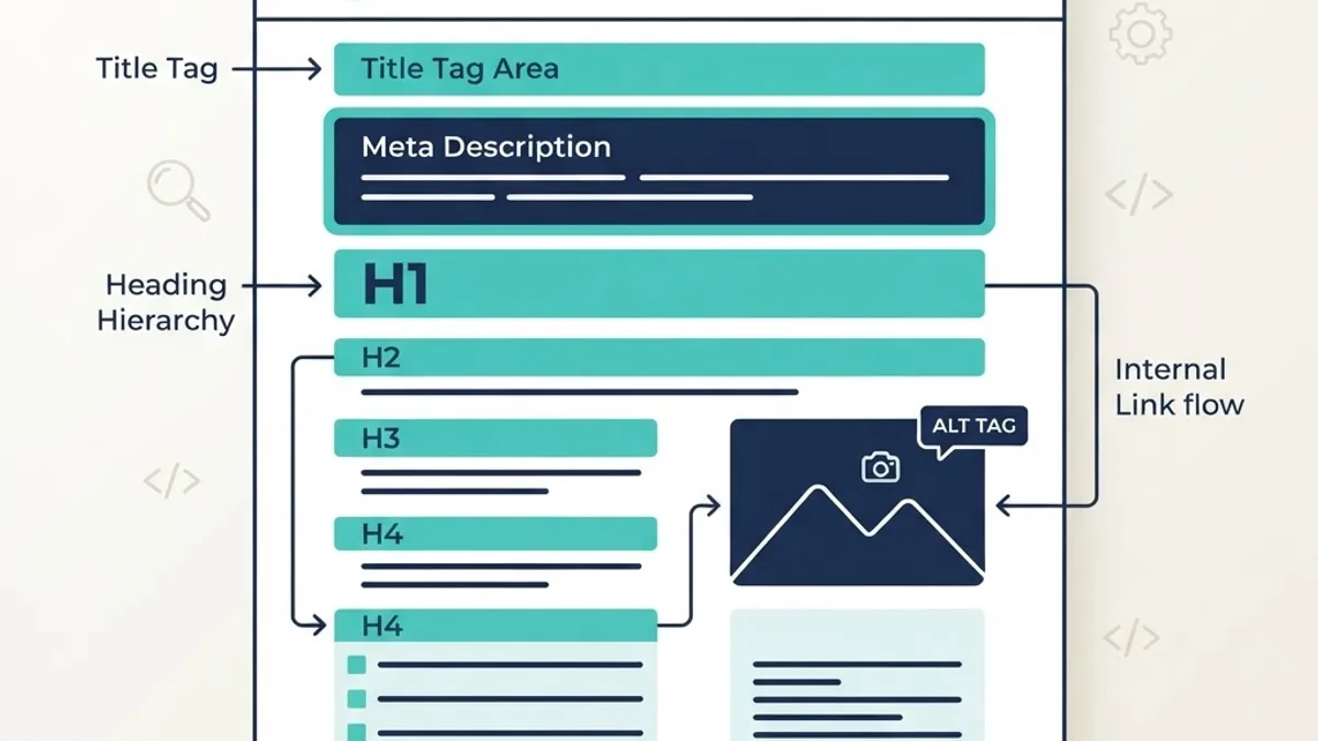On-page SEO wireframe showing title tag, meta description and heading structure