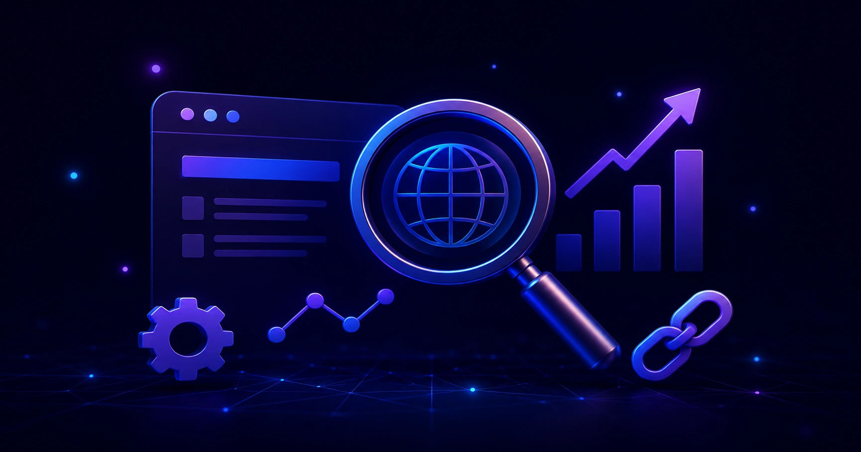SEO Lexikon glossary hero illustration with dictionary and search interface