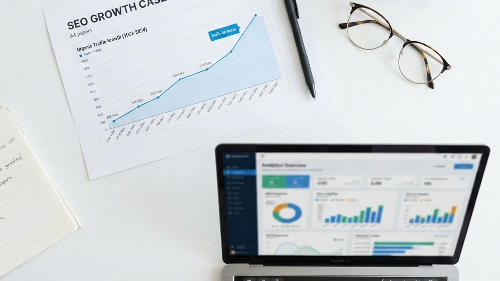 Flat lay of an SEO case study report with a traffic growth chart