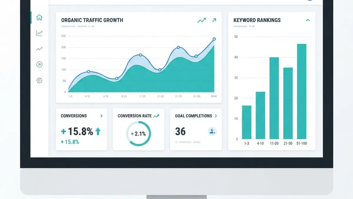Illustration of an SEO reporting dashboard with traffic and conversion metrics