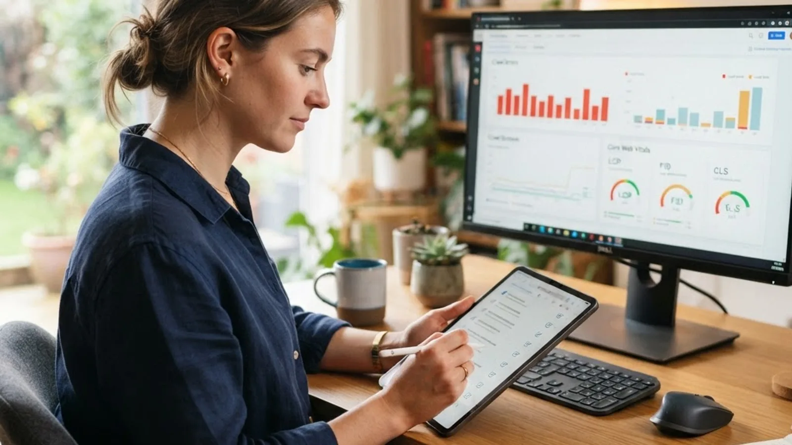 Person reviewing an SEO audit checklist with technical metrics on screen