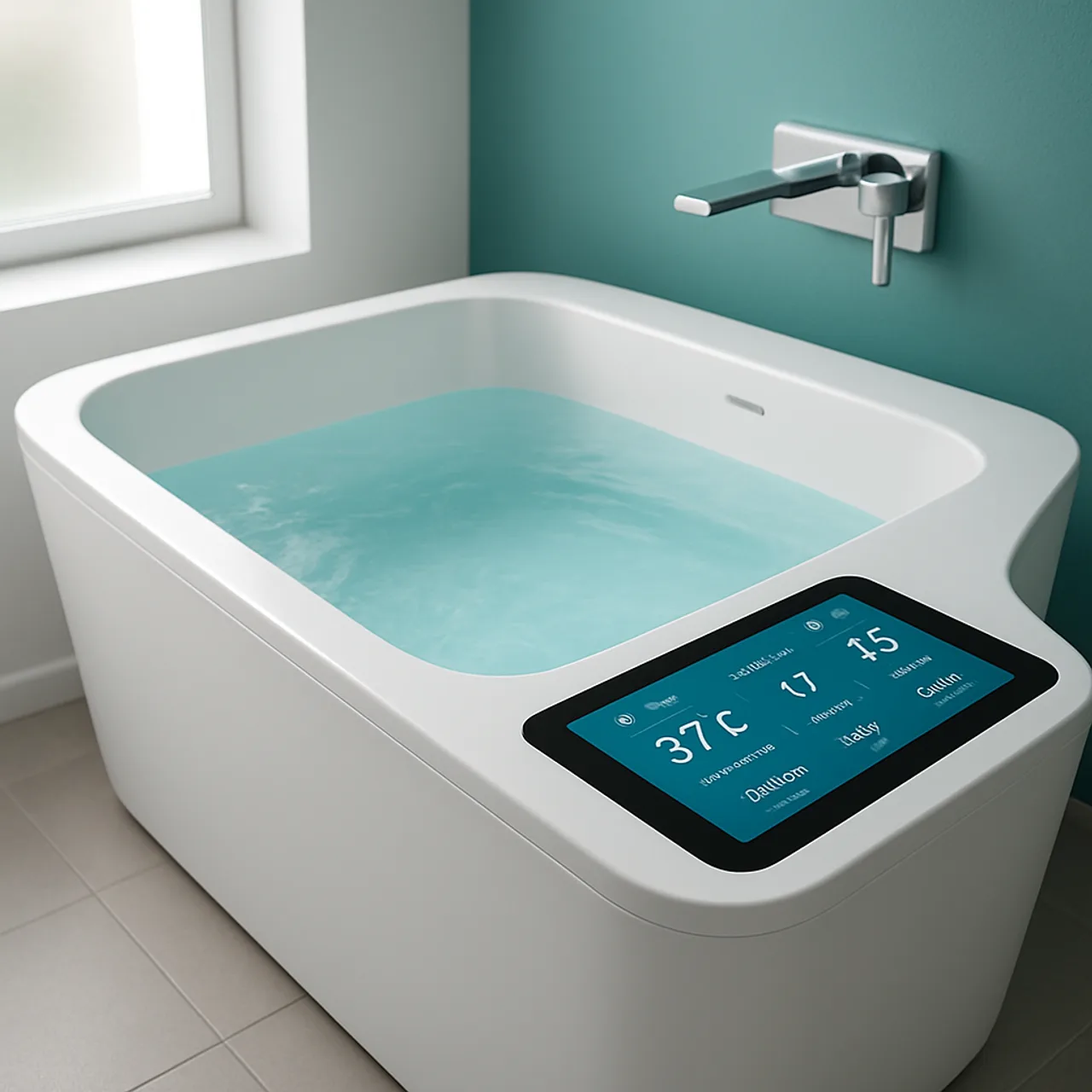 Modern smart bathtub with AI control panel in a luxury bathroom