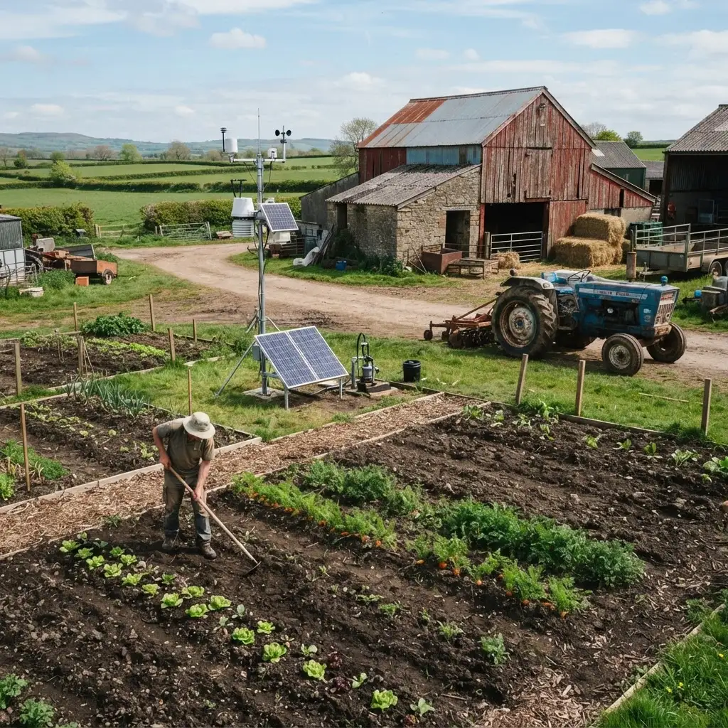 Mixed traditional and modern farm with hand-tilled beds, weather station and old tractor