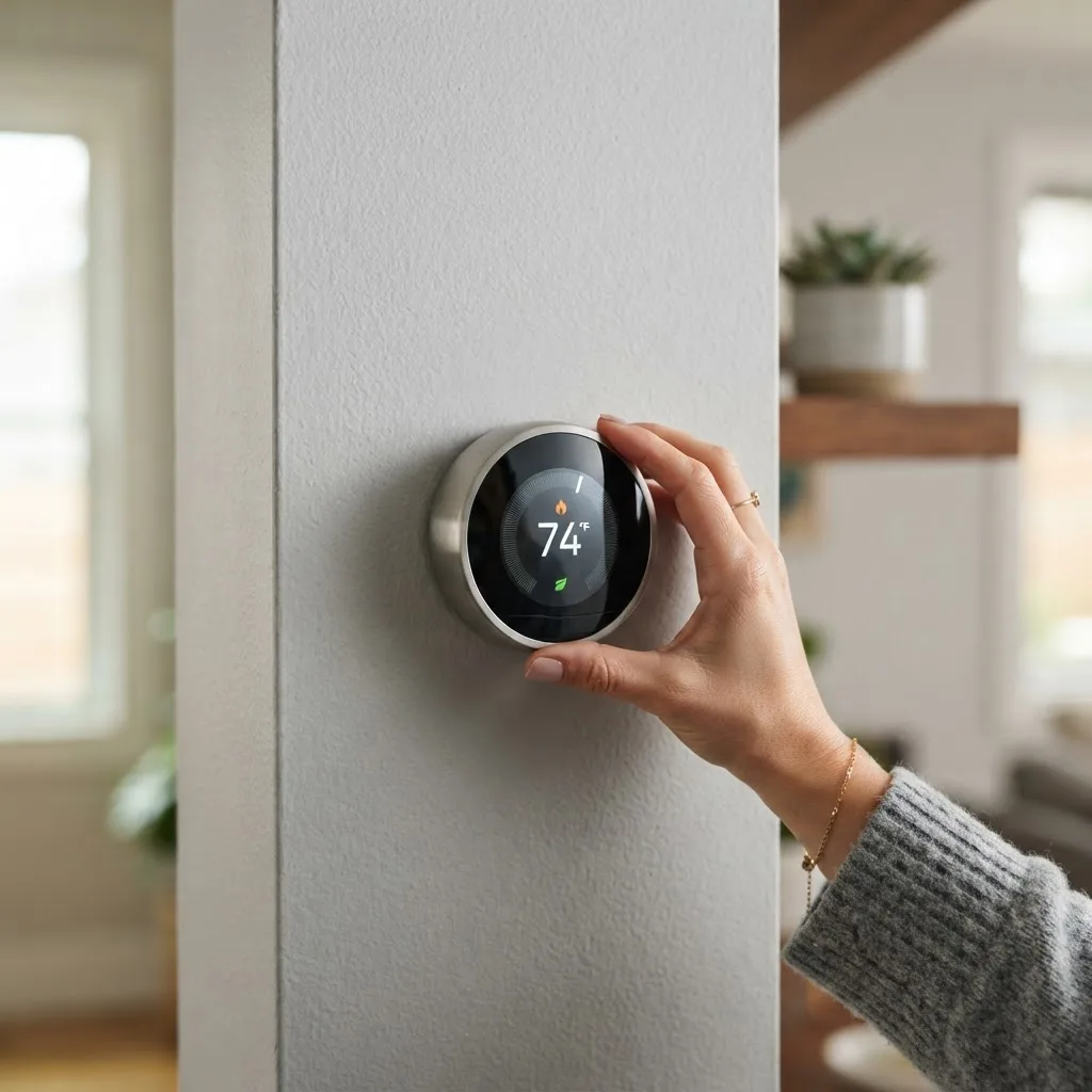 Hand adjusting a sleek round smart thermostat on a wall
