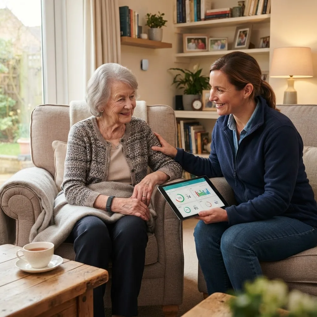 Older adult at home with discreet sensors and caregiver checking a tablet
