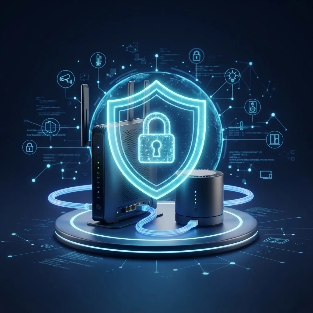 Smart home router and hub with a glowing shield and lock symbol