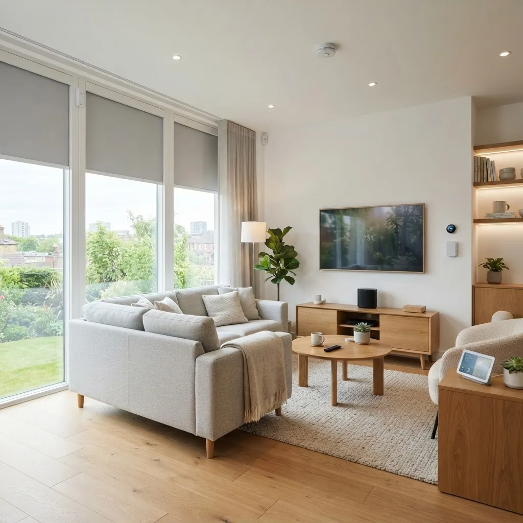 Bright connected living room with smart speaker, TV and automated blinds