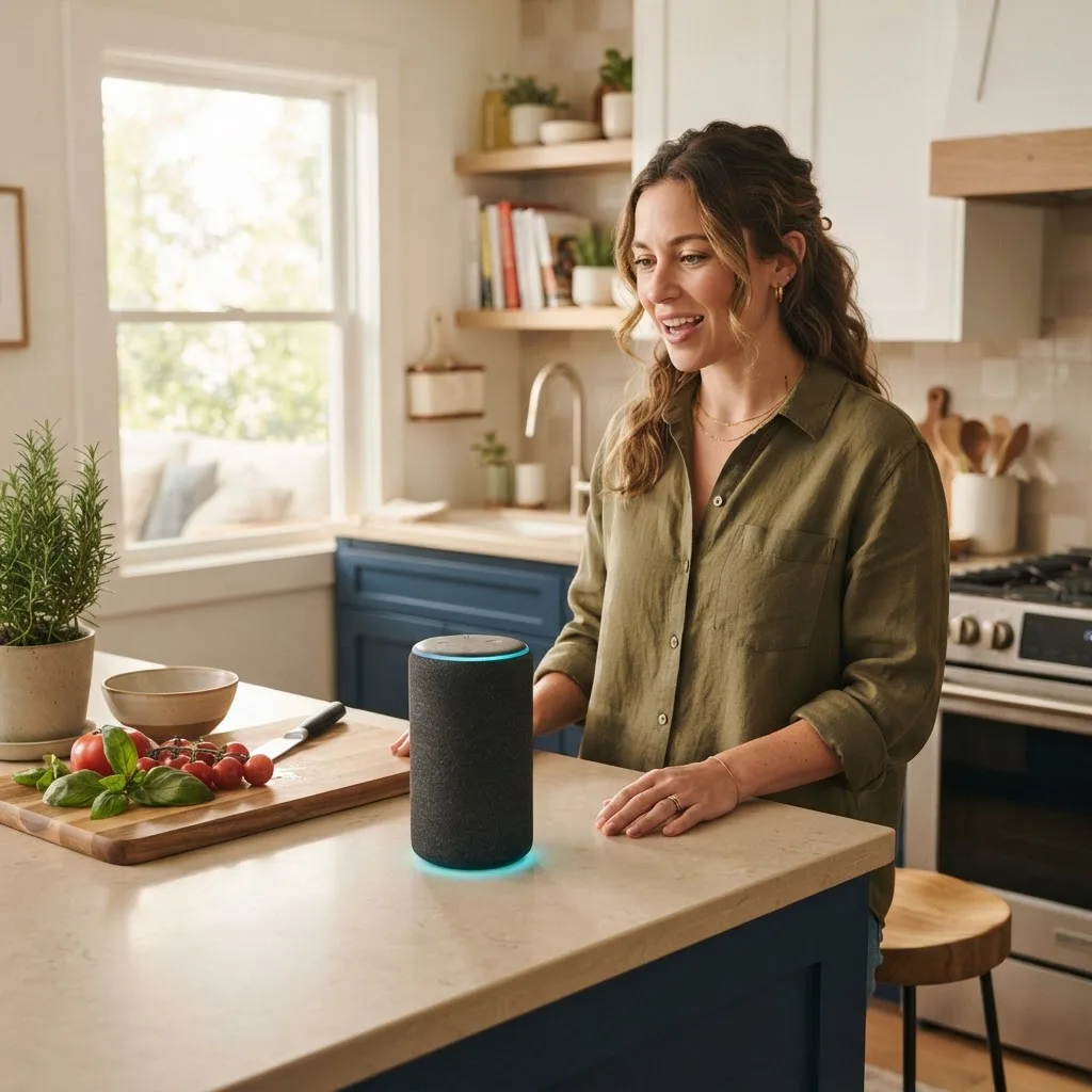 Person speaking to a smart speaker on a modern kitchen counter