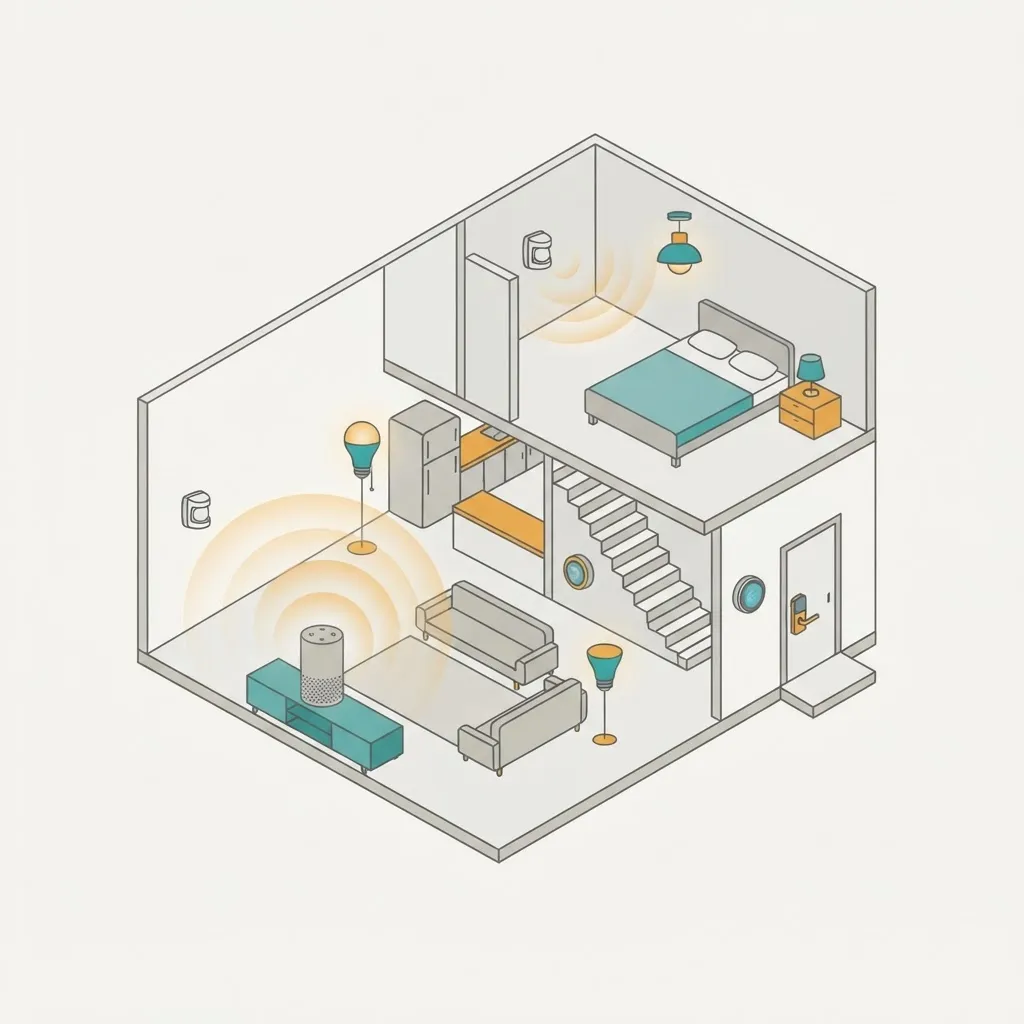 Isometric home cutaway showing a smart speaker connected to sensors and devices