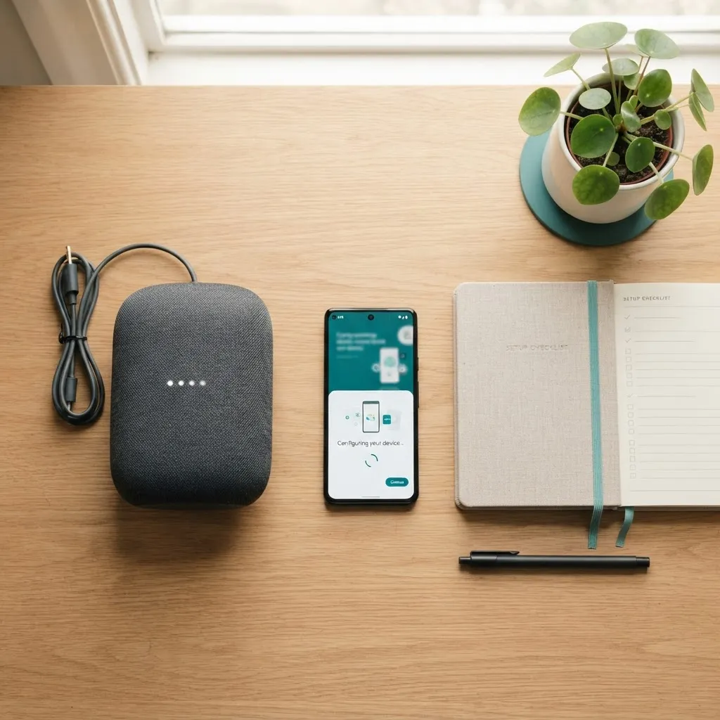 Flat lay of a smart speaker setup with checklist and phone