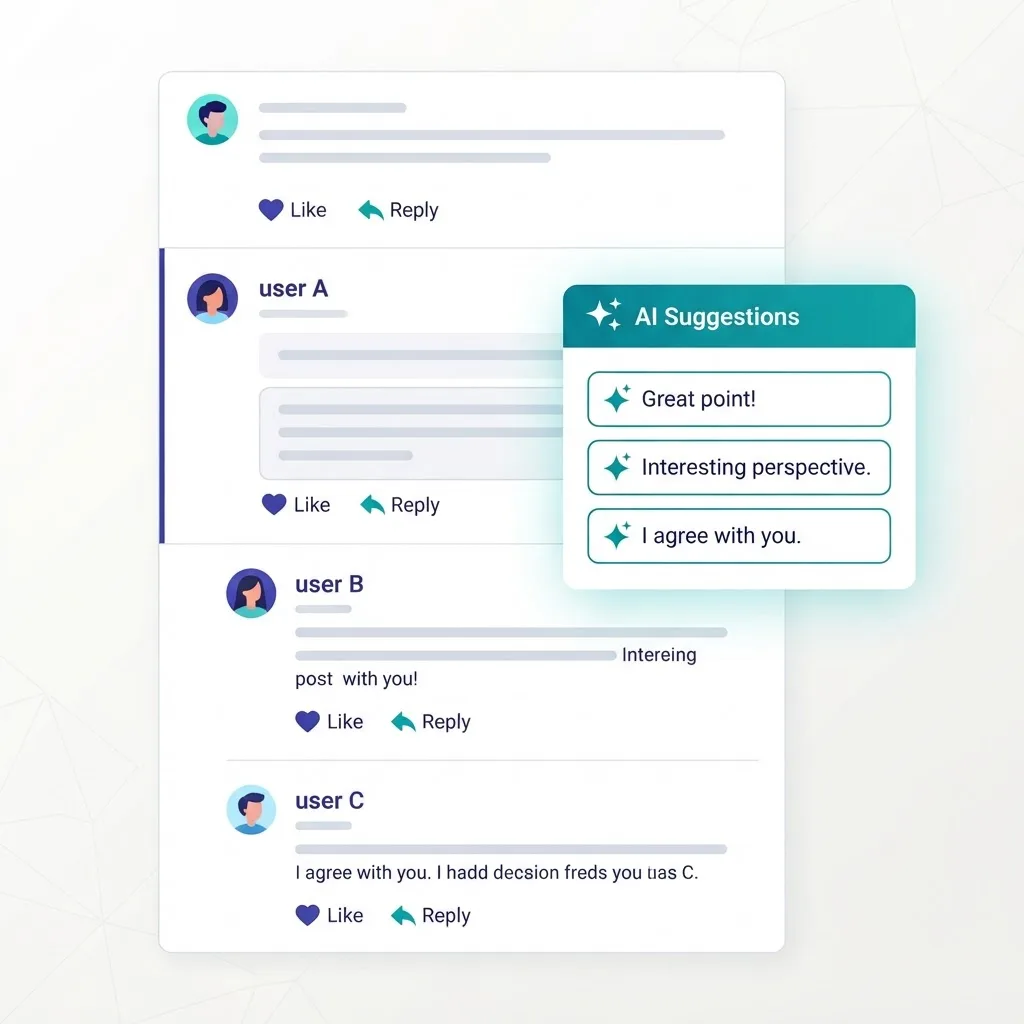 Social media AI reply generator suggesting responses on comment threads