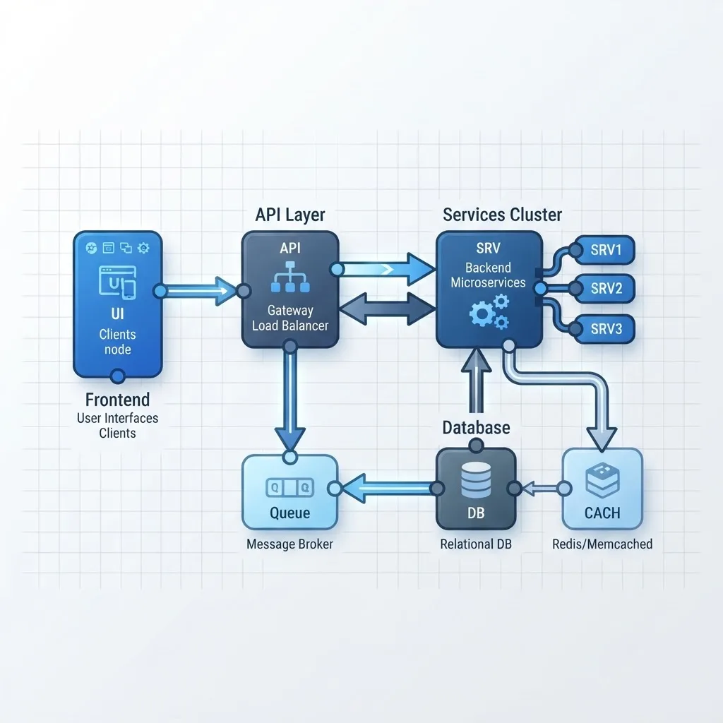Cloud software architecture review diagram showing frontend, API layer, database, and queue components