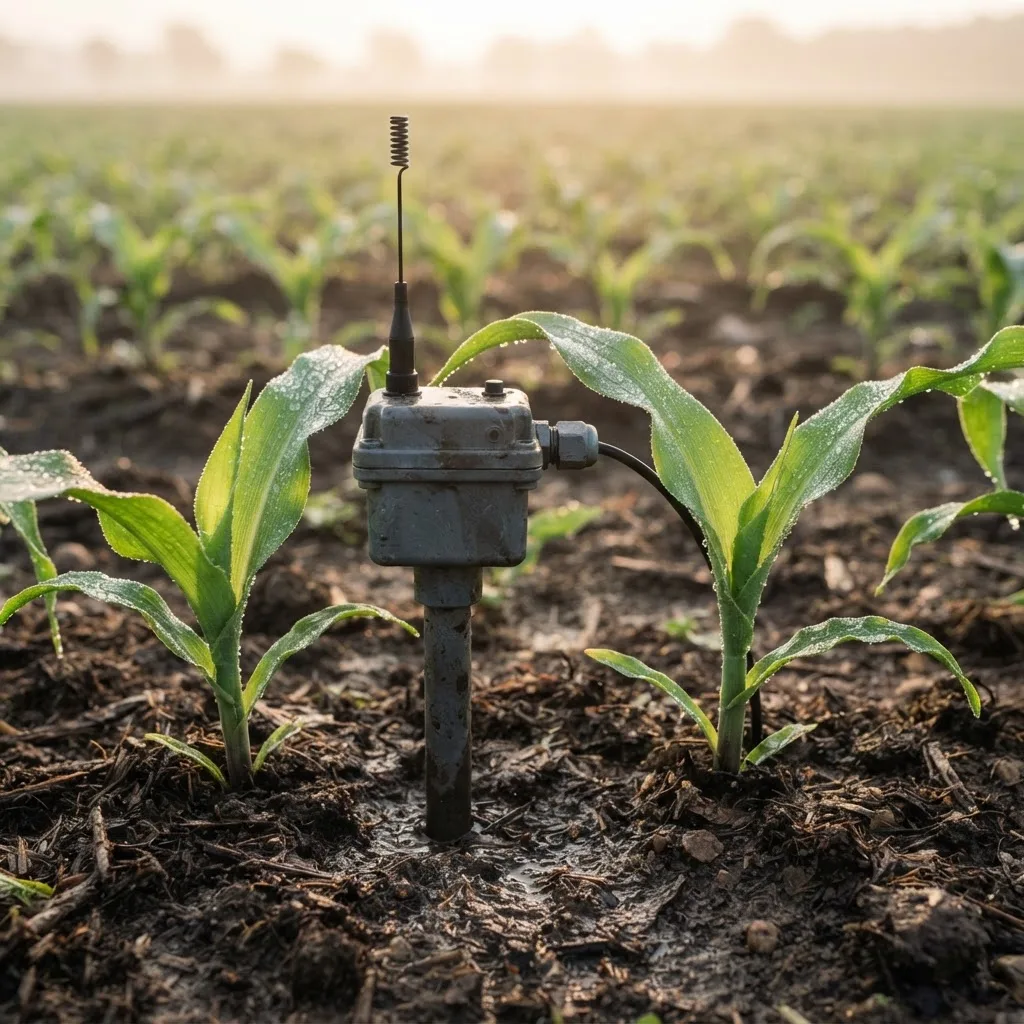 Soil moisture sensor probe in dark farmland soil between rows of young maize