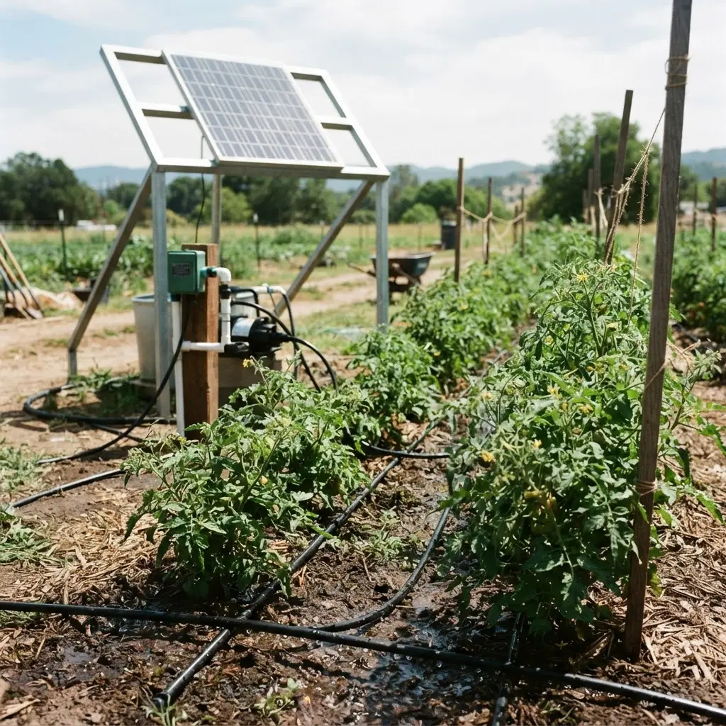 Solar-powered drip irrigation with solar panel, pump and drip lines along tomato rows