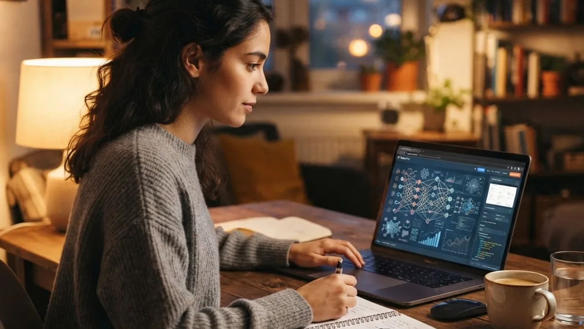 Student studying an online artificial intelligence masters degree at home