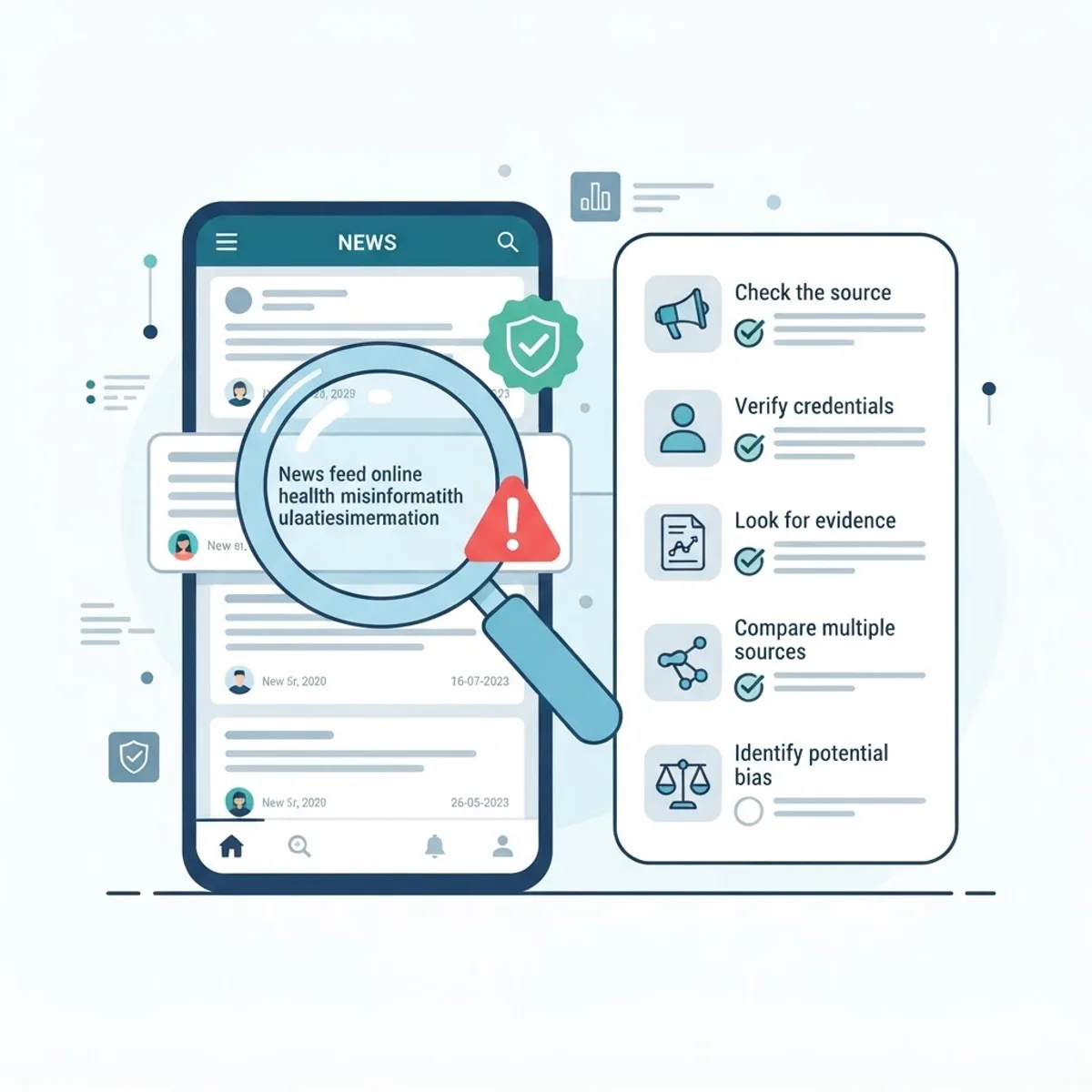 Illustration of spotting health misinformation online with a magnifying glass over a news feed