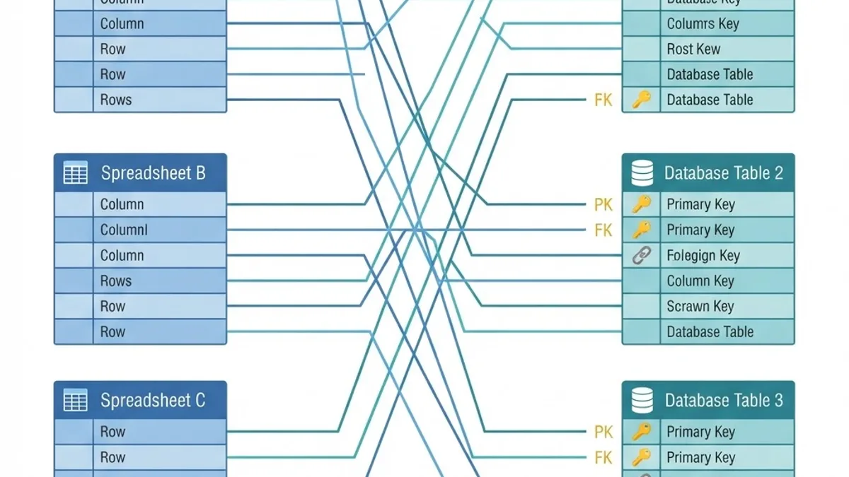 Spreadsheet columns mapped to relational database tables with keys