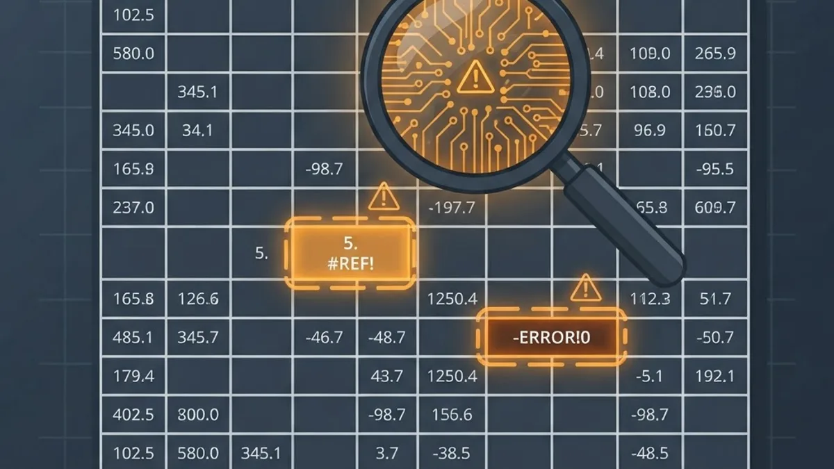 Spreadsheet cells flagged with warning outlines by an AI auditor