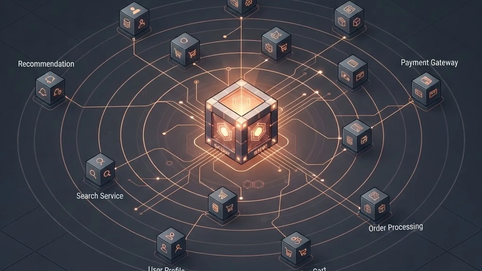 Microservices architecture illustration with central gateway hub