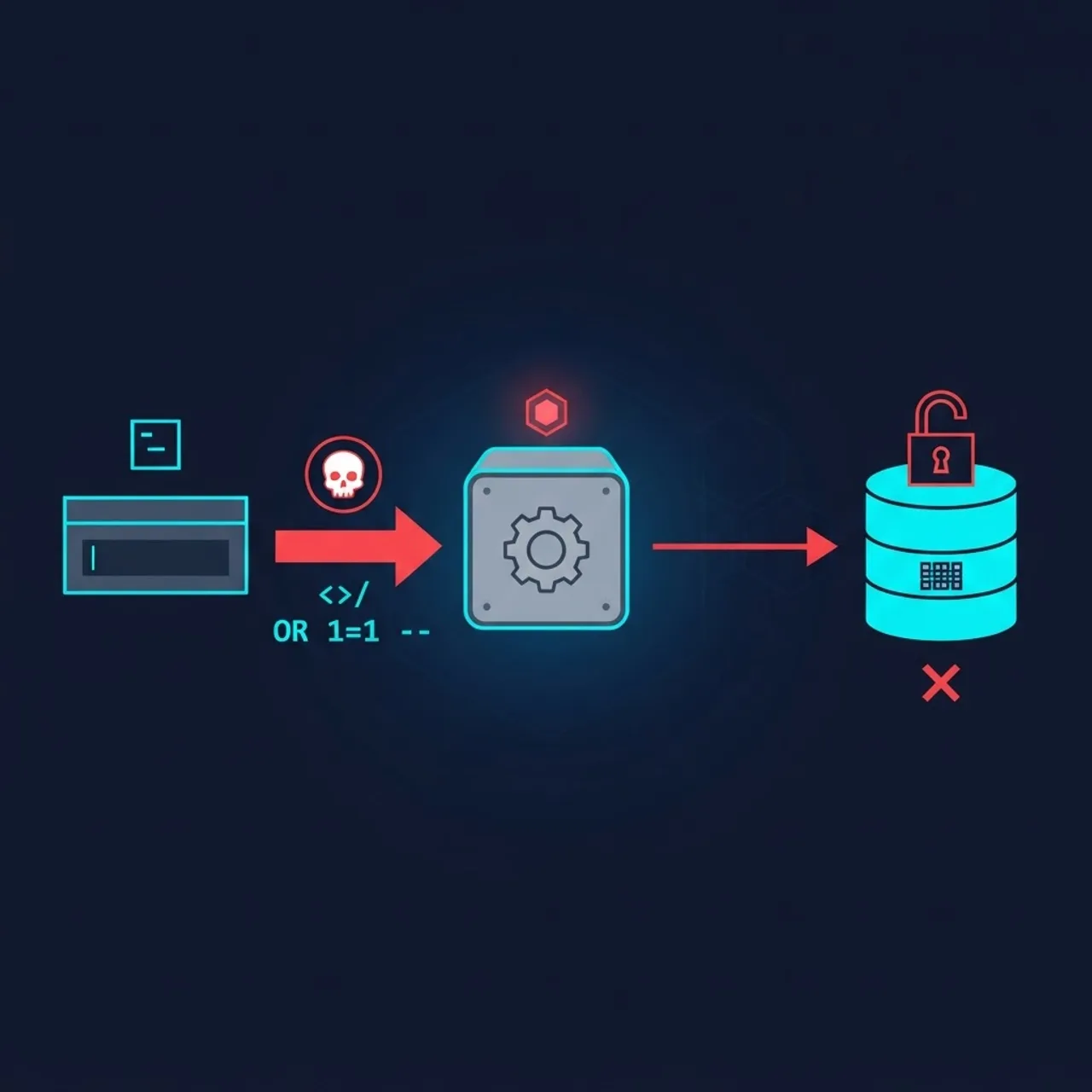 Flow diagram of a SQL injection payload moving from an input form through the server to the database