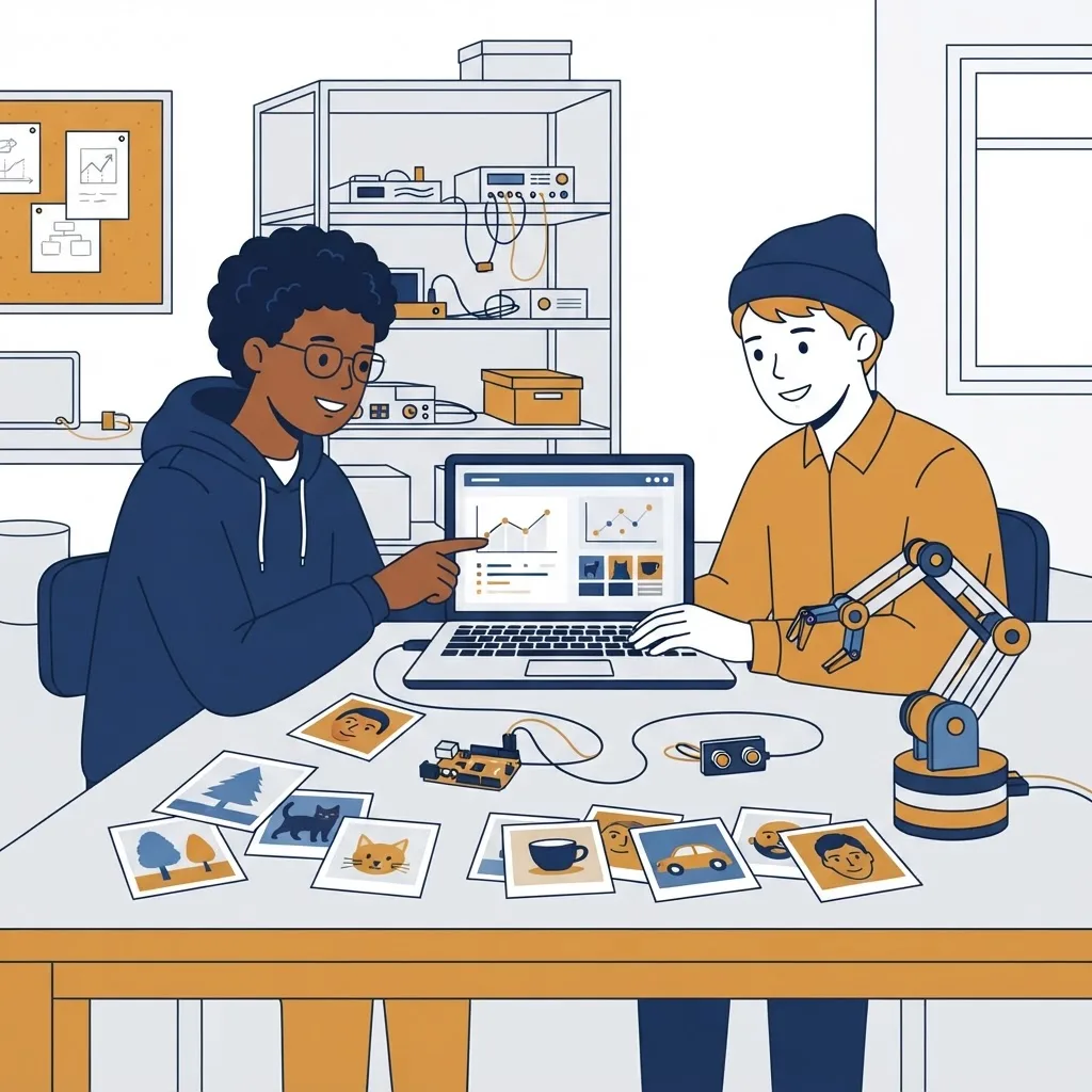 Students training a simple image classifier on a laptop with sample photo cards and a robot arm