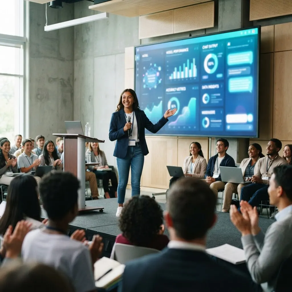 High school student presenting an AI project to an audience