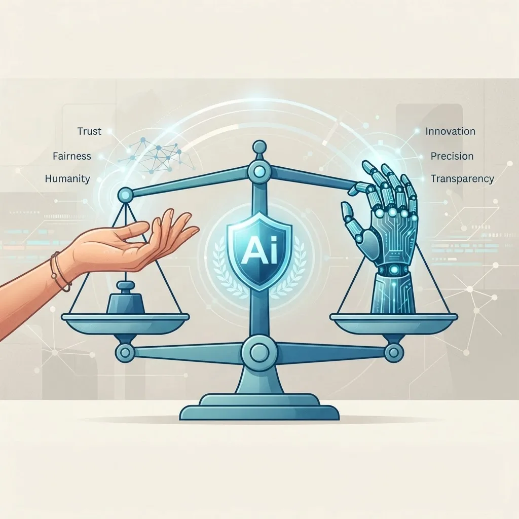 AI ethics, trust, and accountability balance illustration