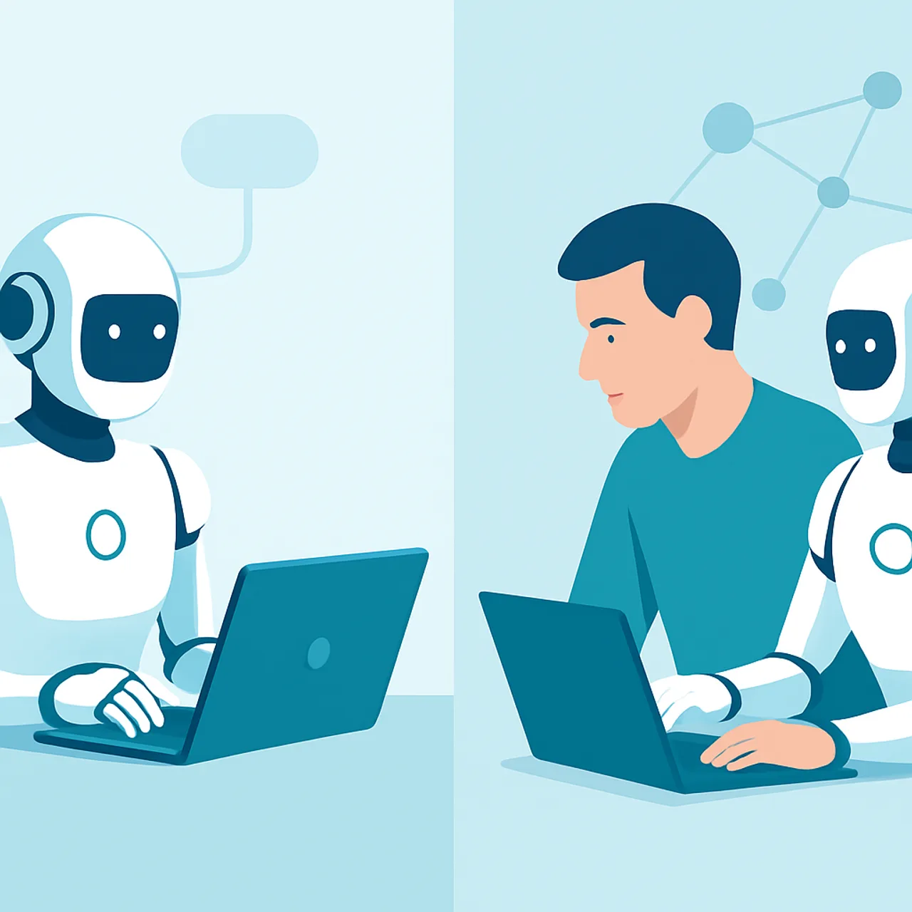 Split-screen comparison of AI working alone versus humans and AI collaborating